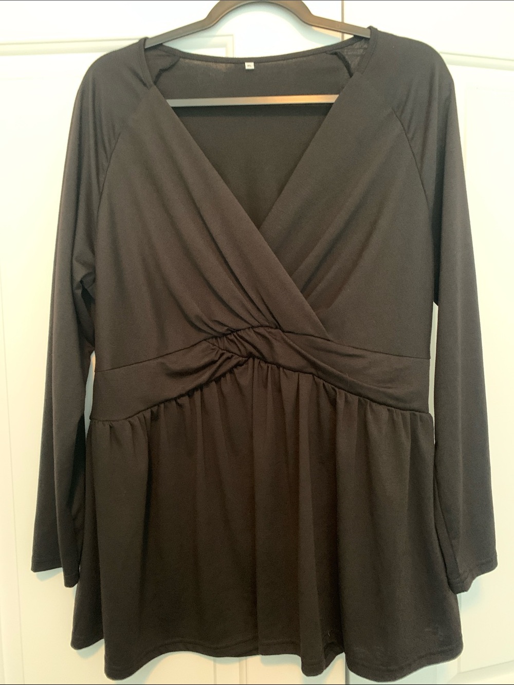 Black Wrap-Front Long-Sleeve Blouse